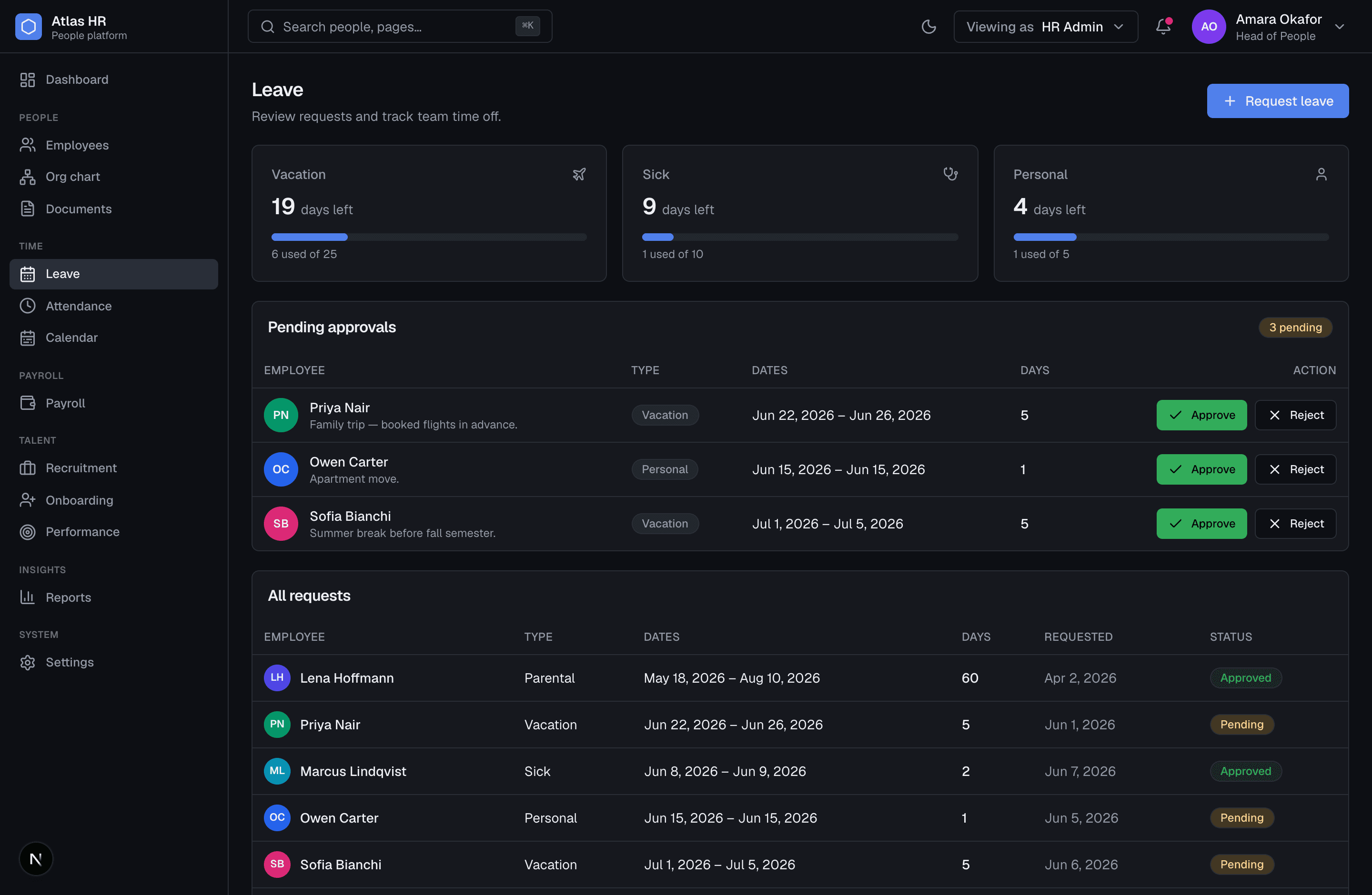 The Atlas leave management calendar and requests