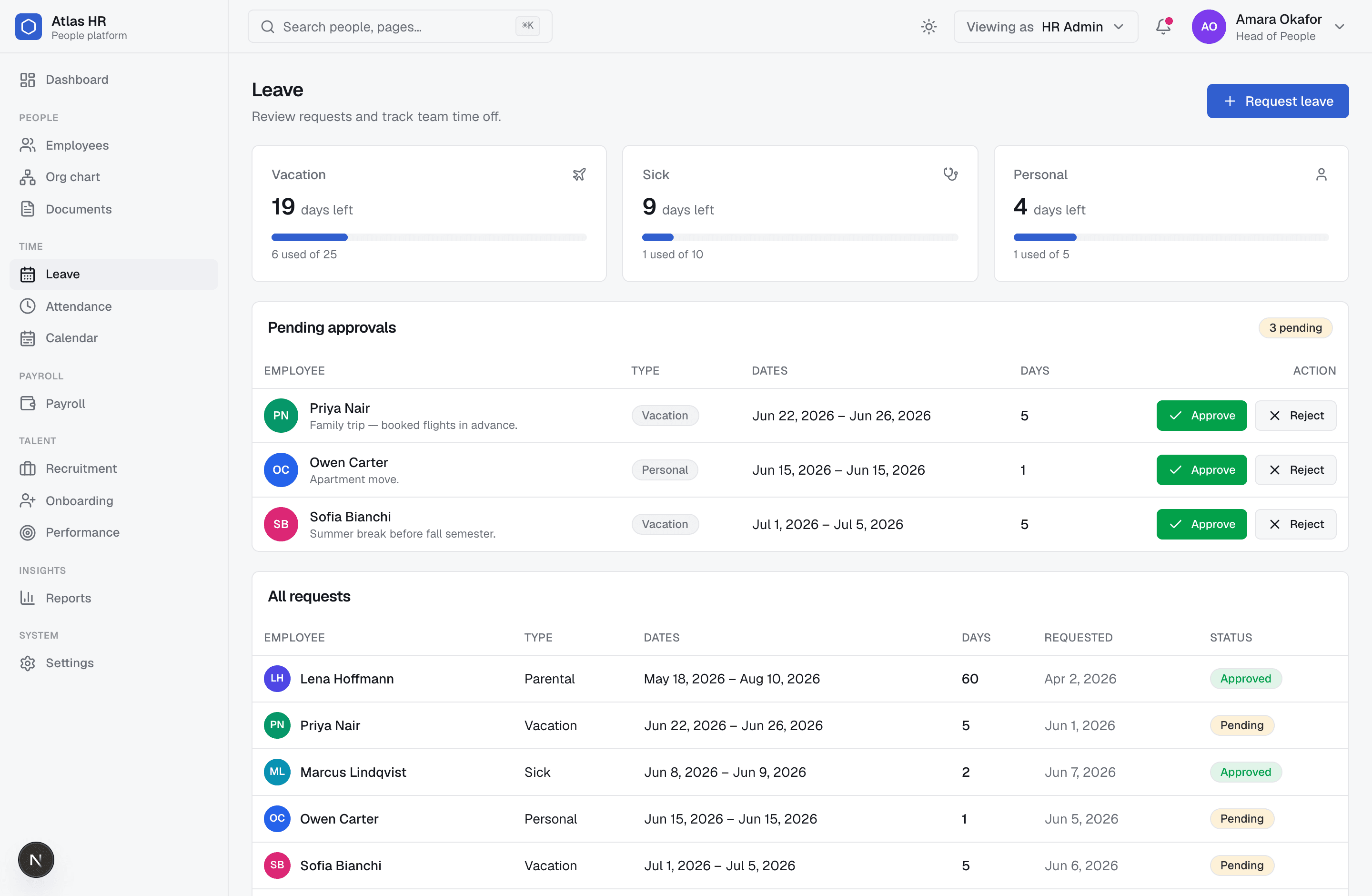 The Atlas leave management calendar and requests